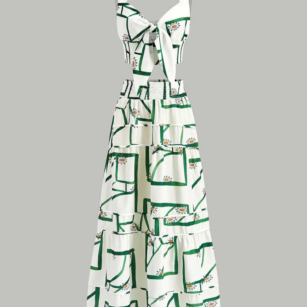 Commense Green and White Graphic Maxi Dress NEW never worn